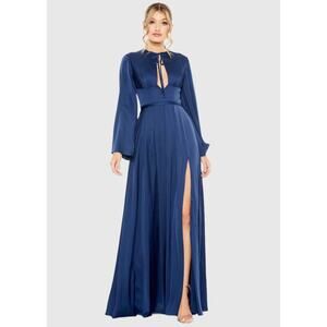 Mac Duggal Charmeuse Soft Tie Keyhole Bell Sleeve Gown Midnight Sz 4 NWOT 68308